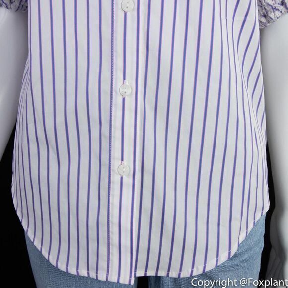 NWOT Petersyn smocked puff short sleeve button front top,‎ white with stripes - Picture 4 of 15